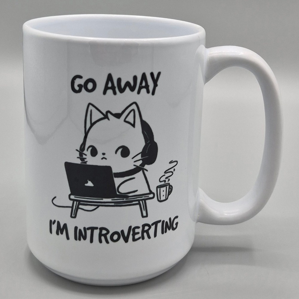 Go Away I'm Introverting Cat Coffee Mug White Ceramic 15oz Gamer Kitten Cup